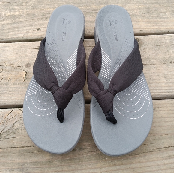 Clarks Cloudsteppers Arla Glison Fabric Wedge Sandal Black Flip Flops Size 11 - Picture 3 of 12
